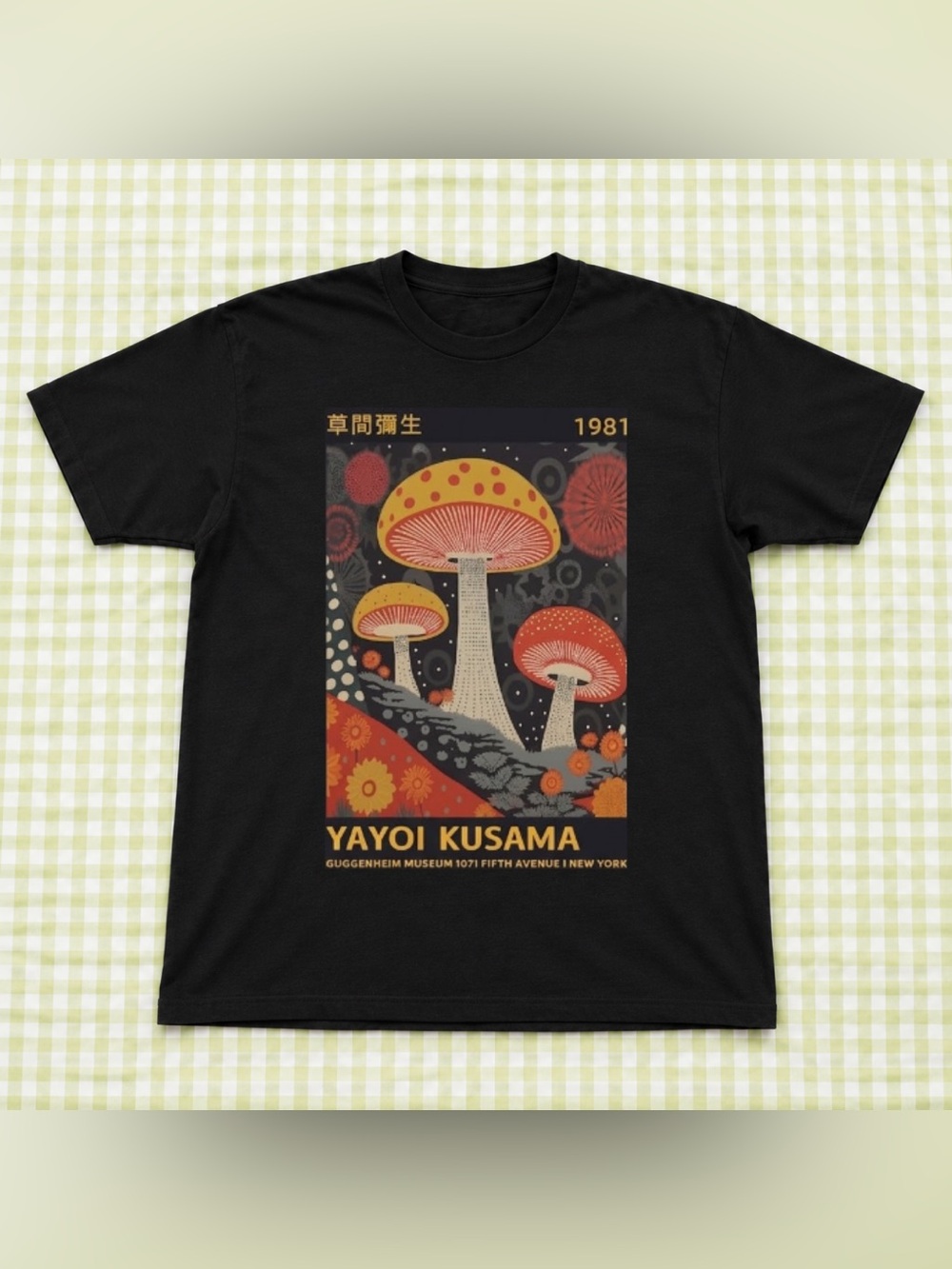 Yayoi Kusama Black Graphic Mushroom Art Tee